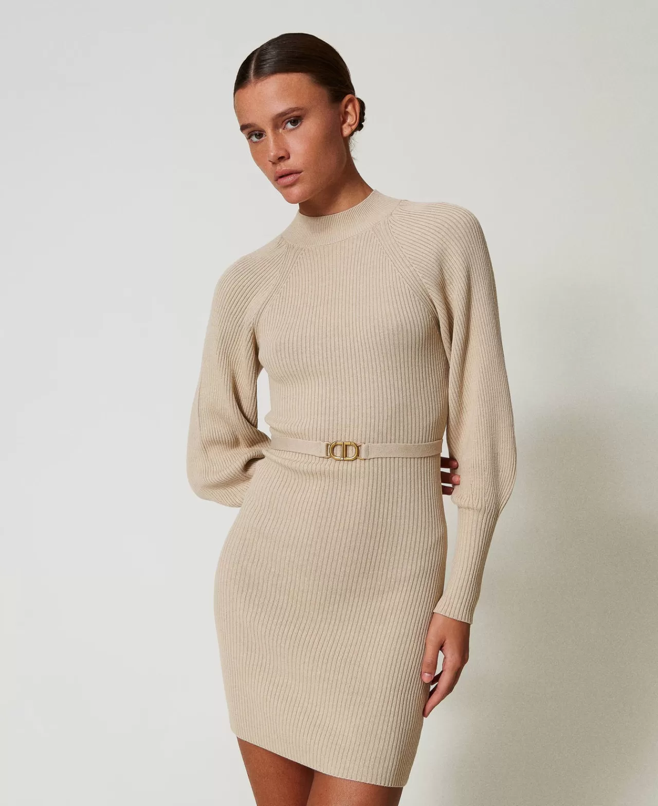 Vestiti In Maglia | Vestiti Corti | TWINSET Milano Abito Corto In Maglia A Costine Con Cintura Bianco "White Cream"