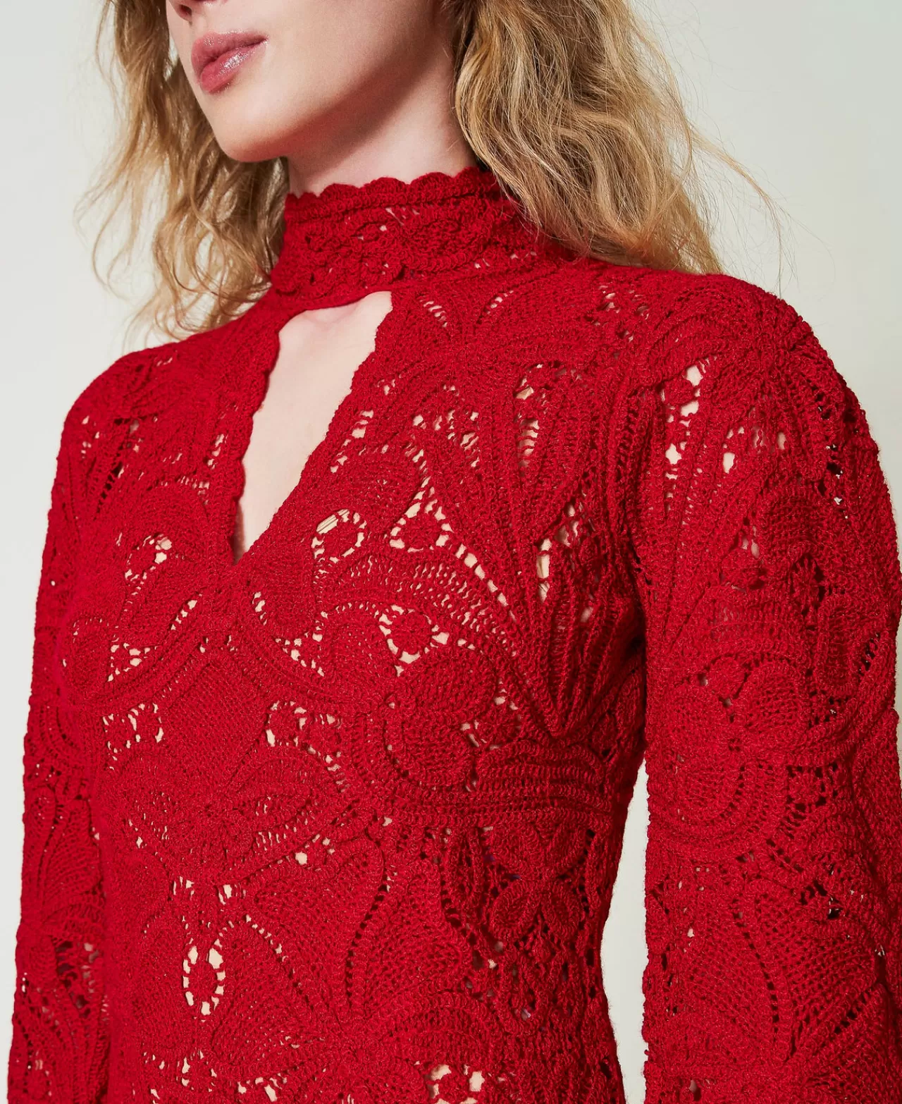 Vestiti Da Cerimonia | Vestiti Eleganti | TWINSET Milano Abito Corto In Maglia Crochet A Fiori Rosso Veneziano
