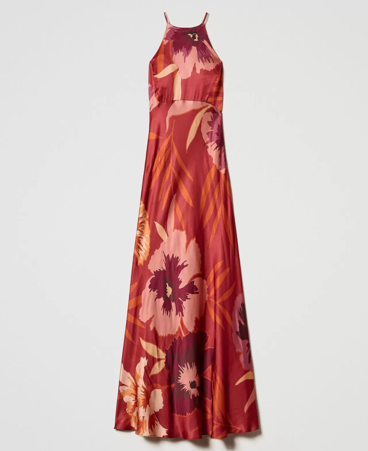 Vestiti Da Cerimonia | Vestiti Eleganti | TWINSET Milano Abito Lungo In Raso A Fiori Con Scollo All'americana Macro Flowers Rosso / Red Plum
