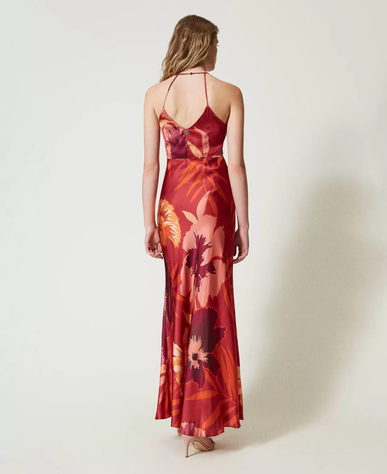 Vestiti Da Cerimonia | Vestiti Eleganti | TWINSET Milano Abito Lungo In Raso A Fiori Con Scollo All'americana Macro Flowers Rosso / Red Plum