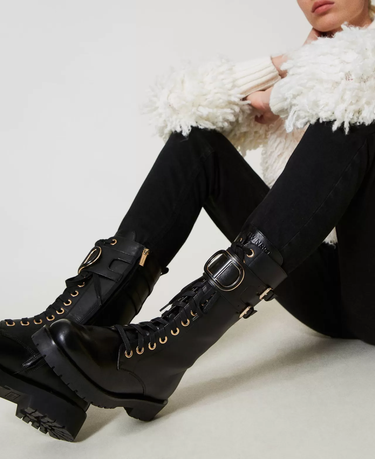 Scarpe Basse | Anfibi | TWINSET Milano Anfibi Alti In Pelle Con Oval T Nero