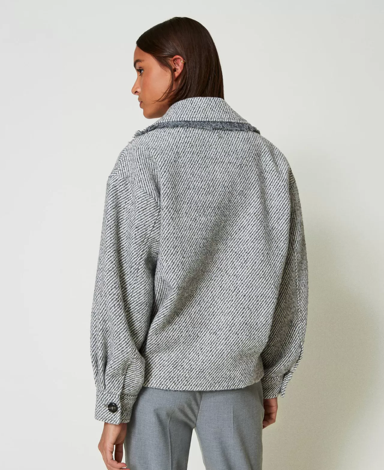 Giacche E Piumini | TWINSET Milano Caban Doppiopetto In Panno Bicolor Bicolor Grigio Fumè / White
