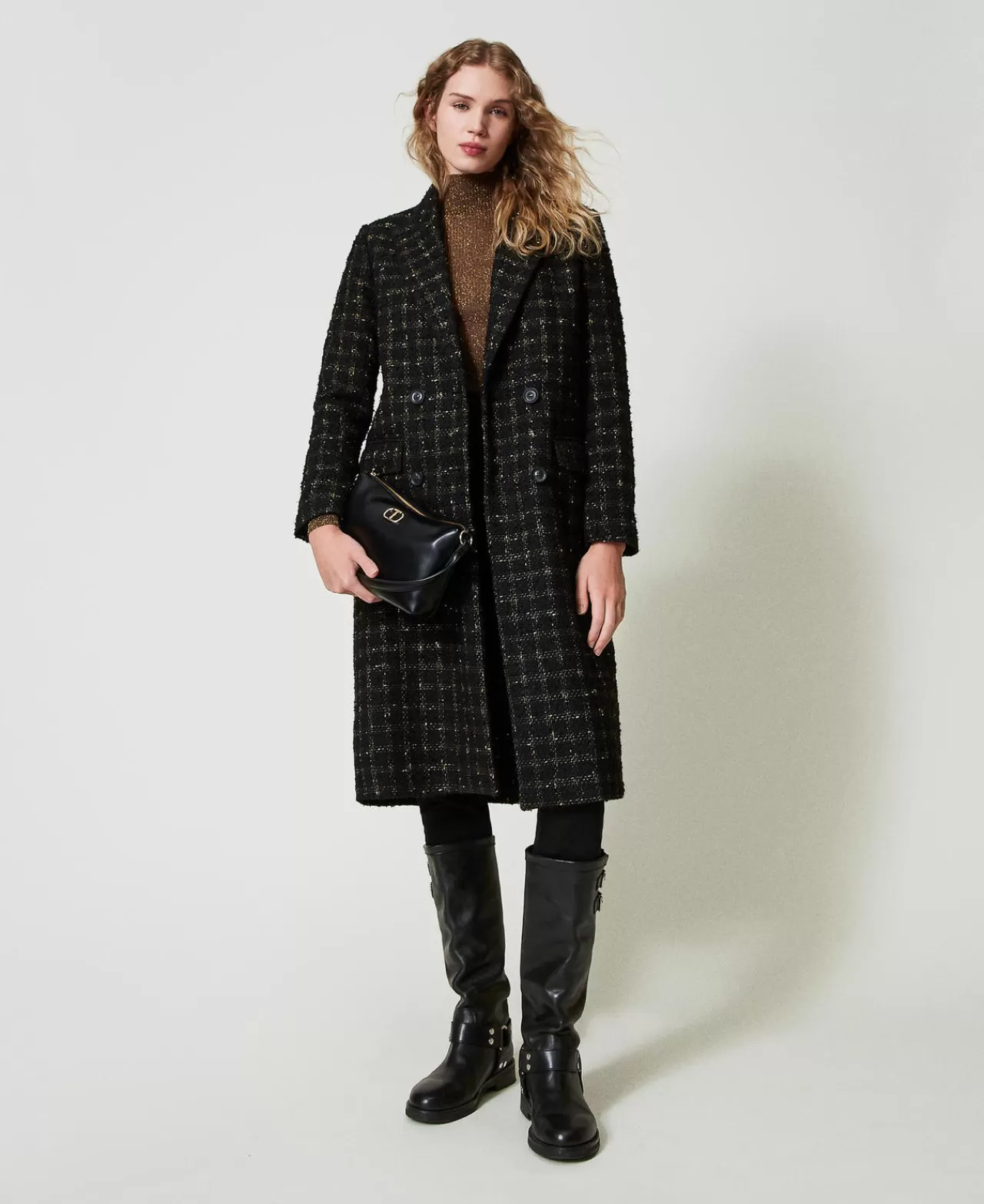 Cappotti E Trench | TWINSET Milano Cappotto Bouclé A Disegno Check Bouclè Black / Gold