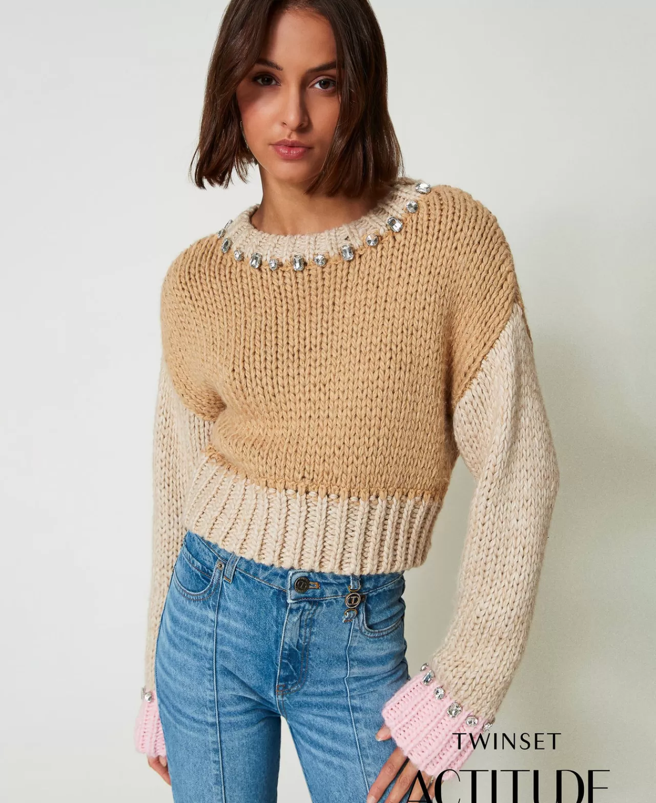 Maglie E Cardigan | TWINSET Milano Maglia Color Block Con Ricami A Mano Multicolor Marrone "Cinnamon" / White / Rosa "Pink Tulle"