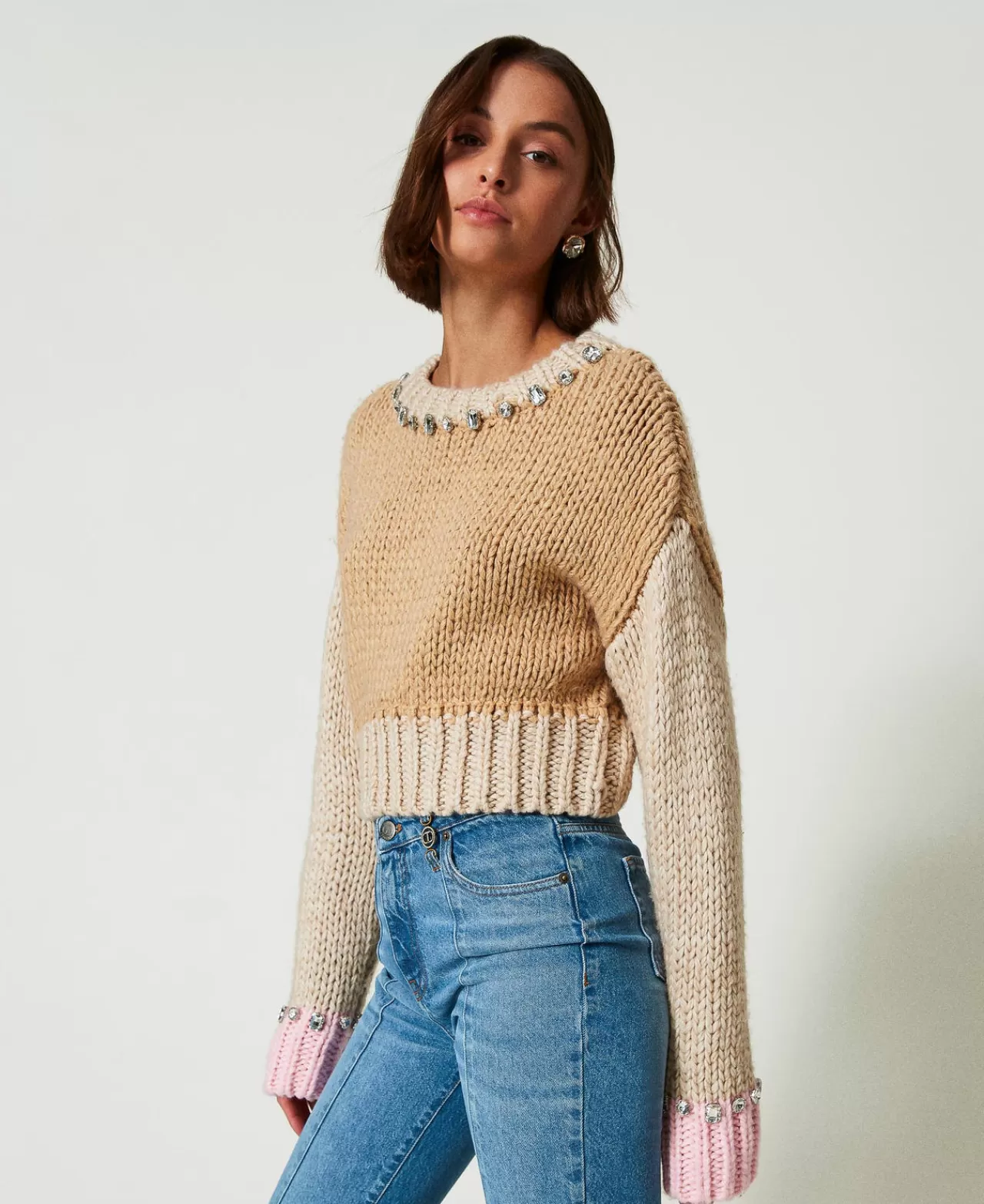 Maglie E Cardigan | TWINSET Milano Maglia Color Block Con Ricami A Mano Multicolor Marrone "Cinnamon" / White / Rosa "Pink Tulle"