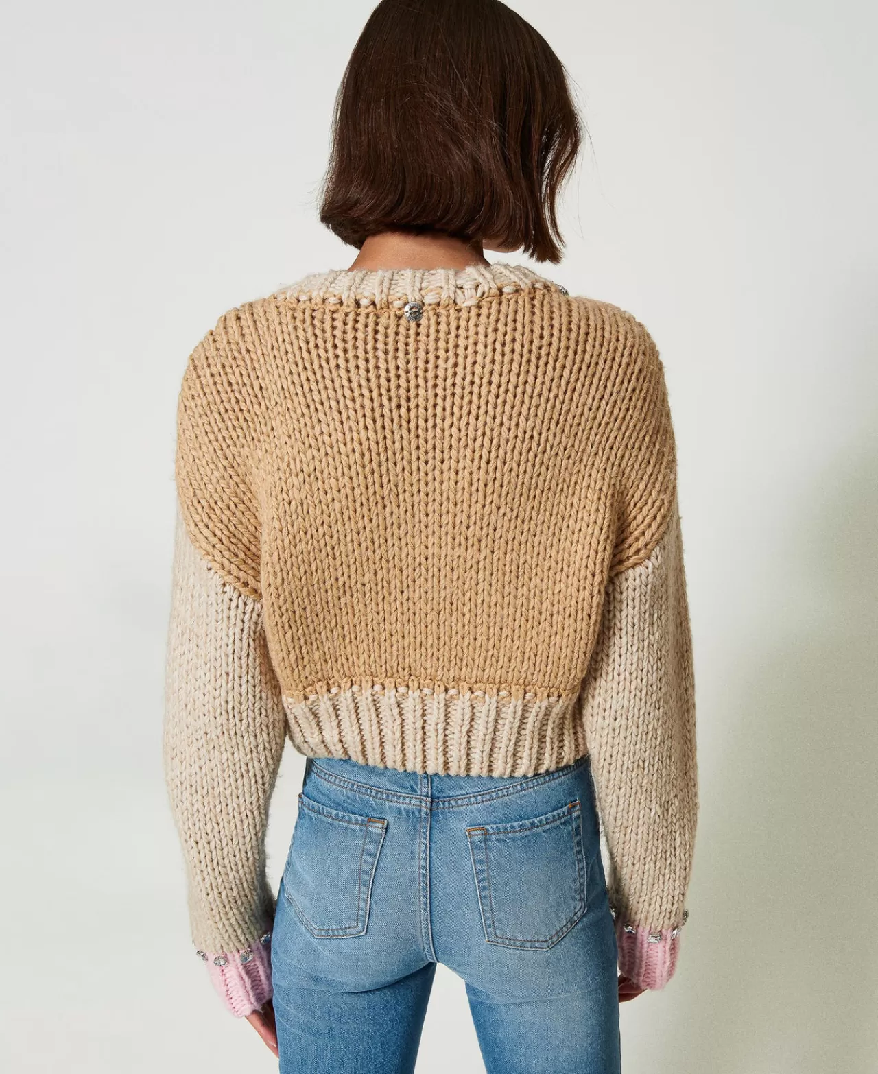 Maglie E Cardigan | TWINSET Milano Maglia Color Block Con Ricami A Mano Multicolor Marrone "Cinnamon" / White / Rosa "Pink Tulle"