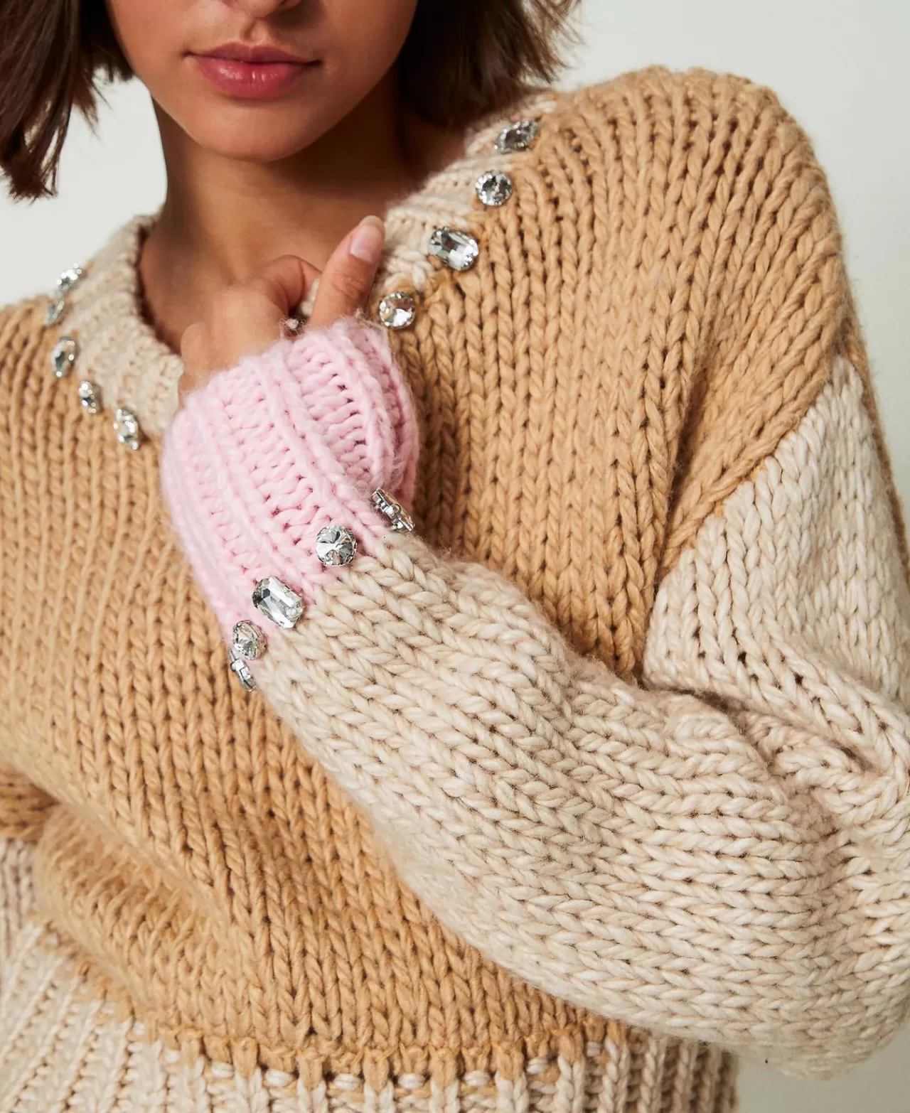 Maglie E Cardigan | TWINSET Milano Maglia Color Block Con Ricami A Mano Multicolor Marrone "Cinnamon" / White / Rosa "Pink Tulle"