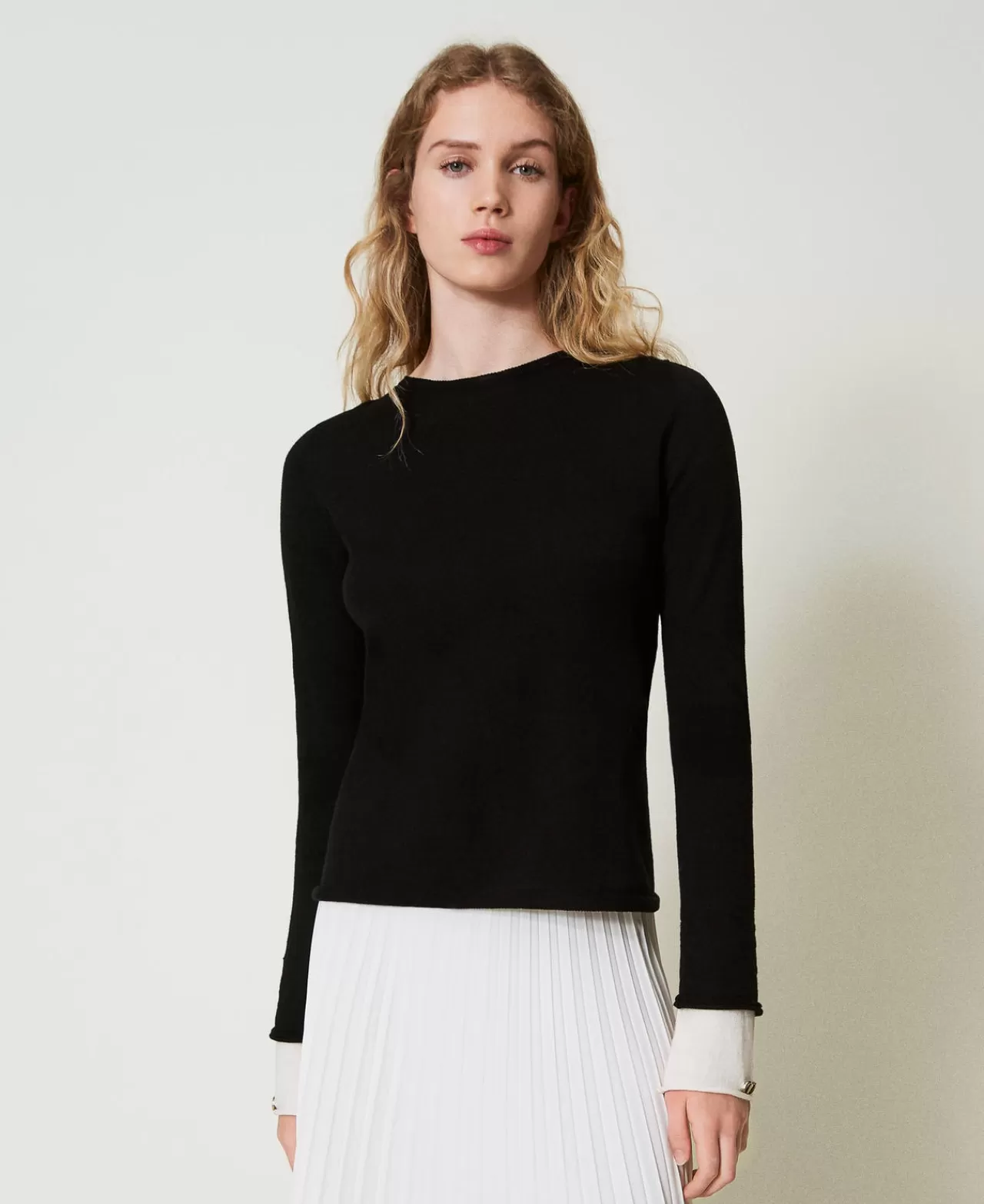 Maglie E Cardigan | TWINSET Milano Maglia Con Dettagli A Contrasto E Oval T Bicolor Nero / Bianco Neve