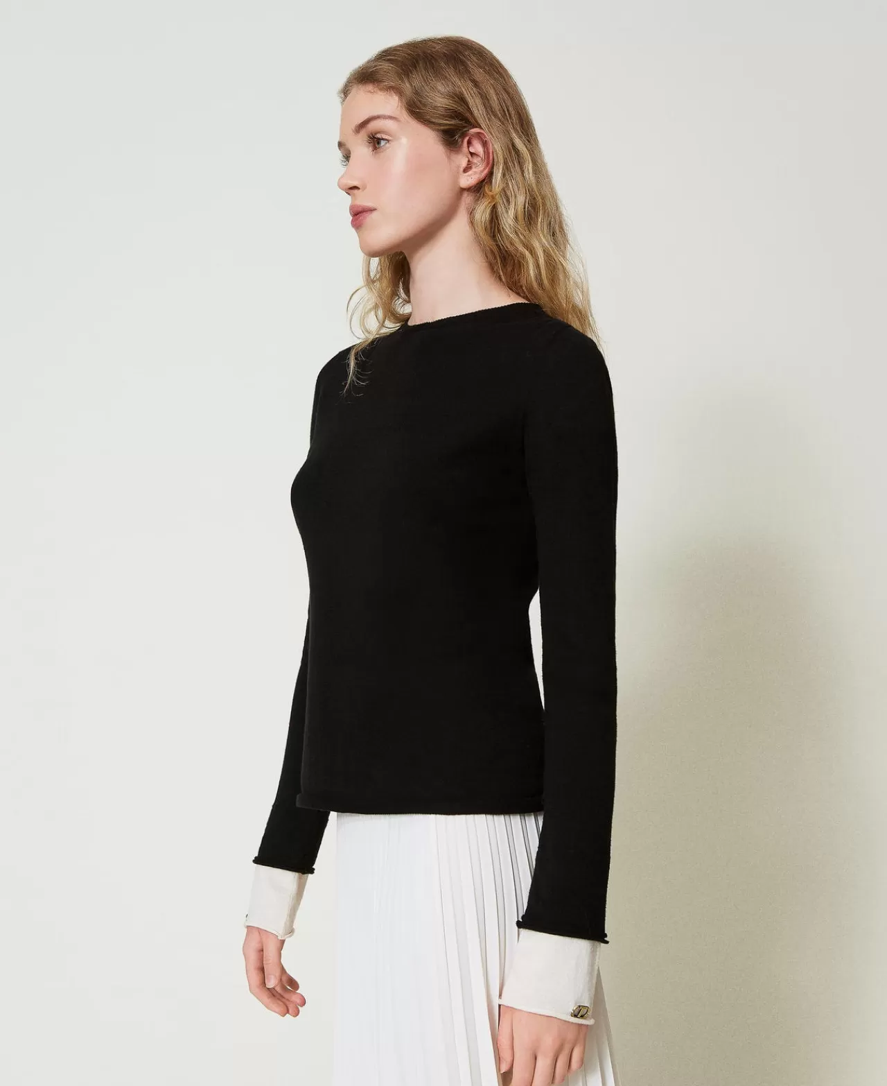 Maglie E Cardigan | TWINSET Milano Maglia Con Dettagli A Contrasto E Oval T Bicolor Nero / Bianco Neve