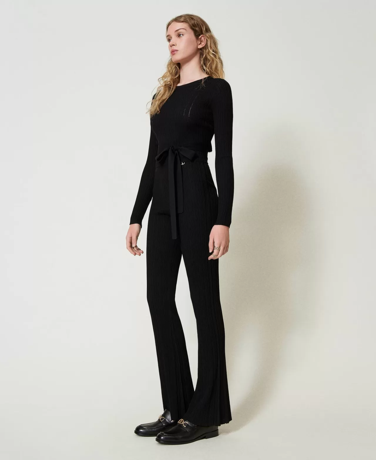 Pantaloni Flare | TWINSET Milano Pantaloni Flare In Maglia A Costine Nero