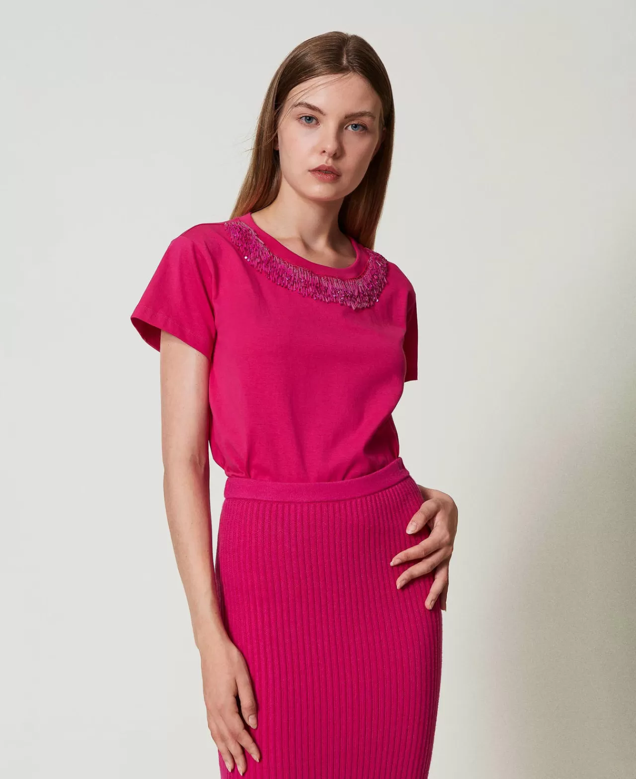 tshirt_con_frange_ricamate_3.webp T-Shirt E Top | TWINSET Milano T-shirt Con Frange Ricamate Super Pink