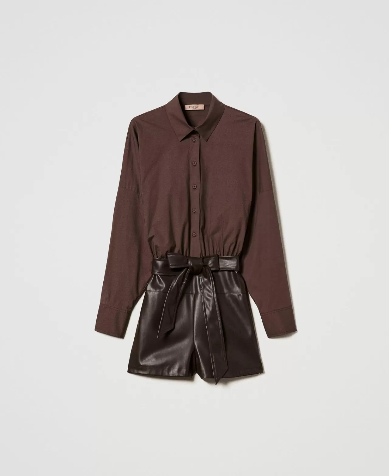 Tute | Vestiti Corti | TWINSET Milano Tuta Corta In Popeline E Tessuto Spalmato Cioccolato
